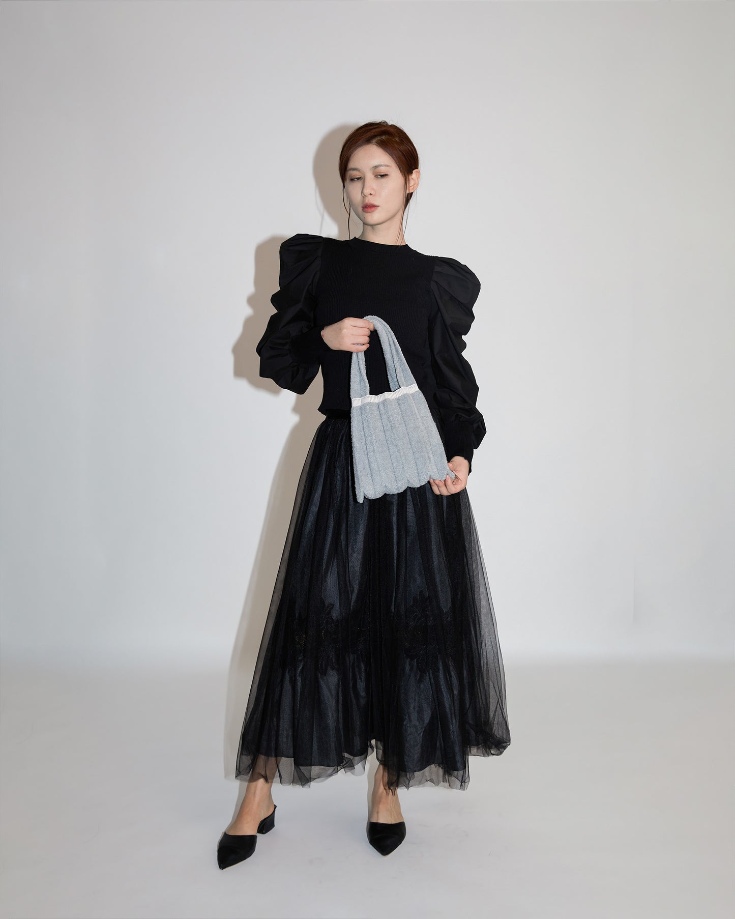 MOKOMOKO PLEATS KNIT BAG-LIGHT GRAY