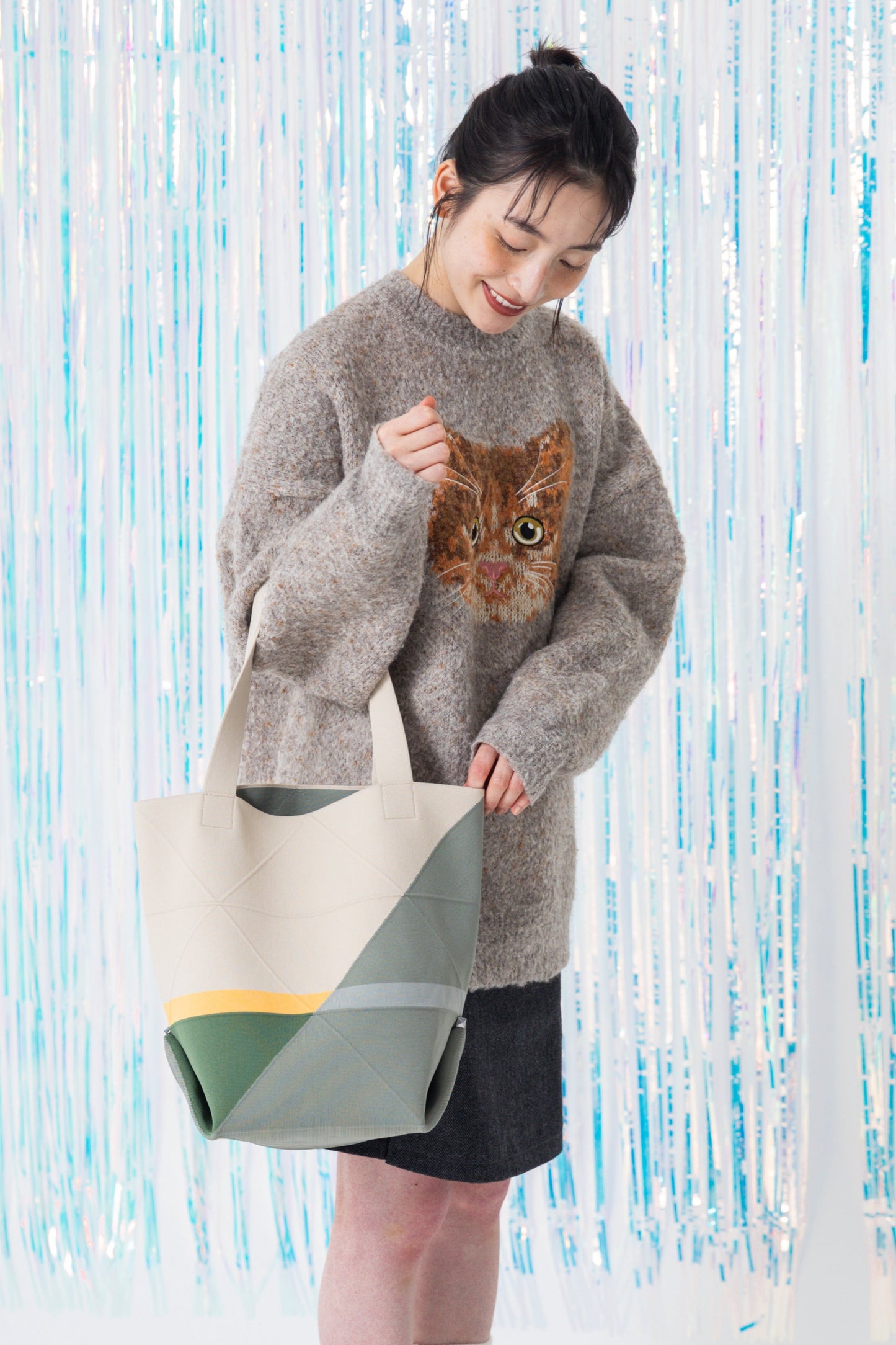 ORIGAMI KNIT BAG-COLOR BLOCK - GREEN